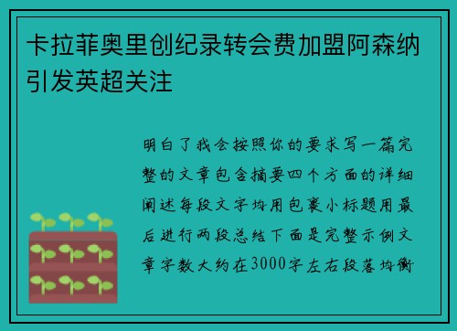 卡拉菲奥里创纪录转会费加盟阿森纳引发英超关注